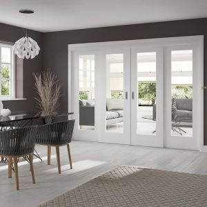 White Primed Easi-Slide Room Divider Door System with White Primed Pattern 10 (CLEAR GLASS DOORS) - XL